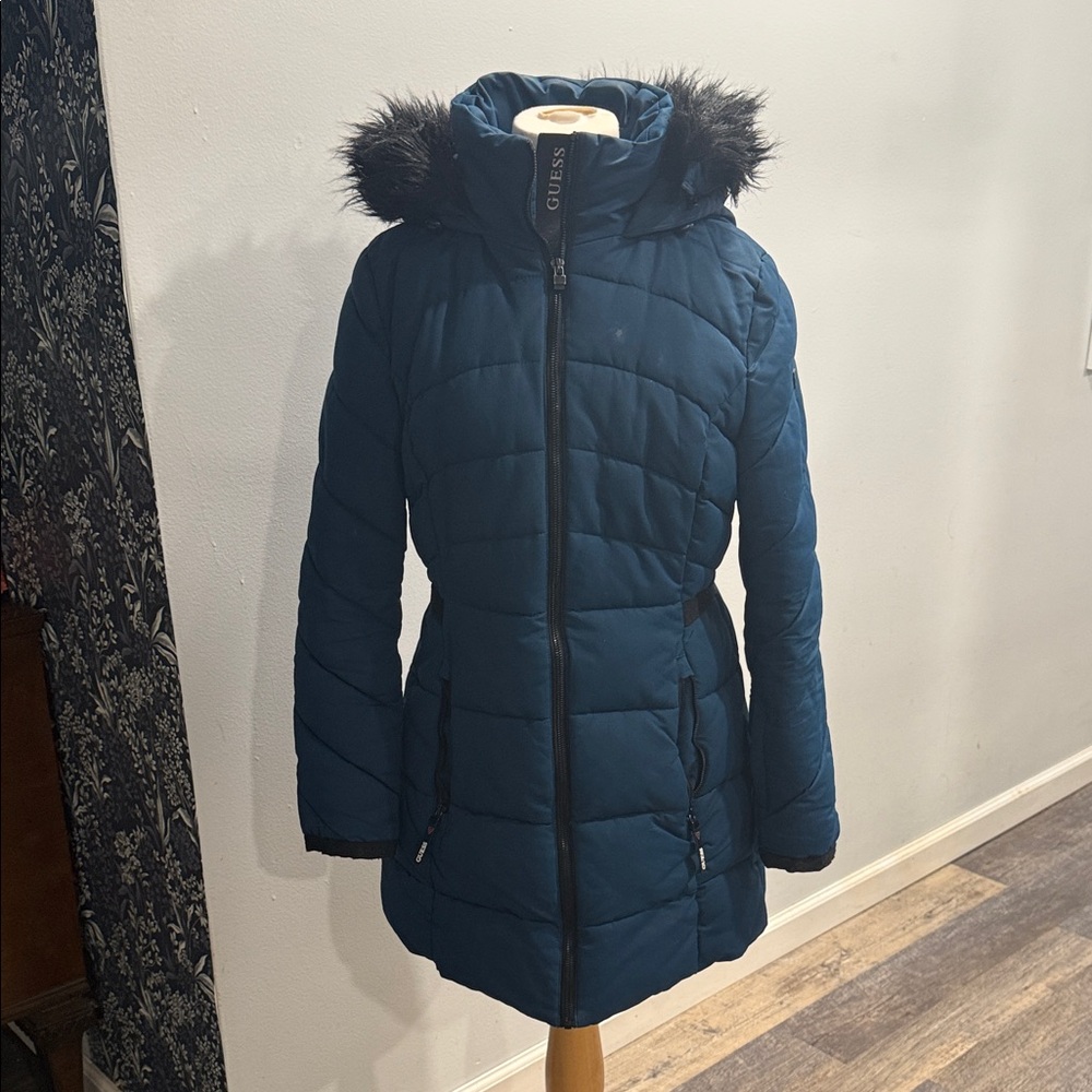 GUESS Women's Dark Blue Puffer Jacket with Black Fur Trim